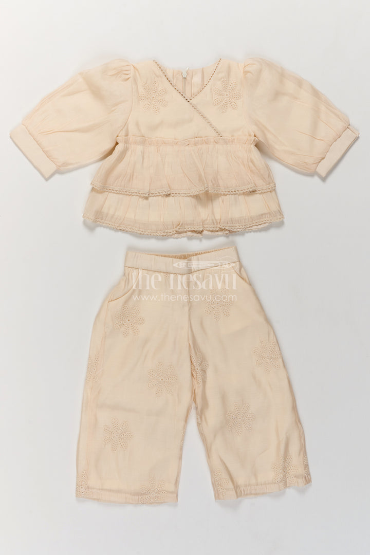 Girls Cream Chinnon Chiffon Floral Double Peplum Co Ord Set