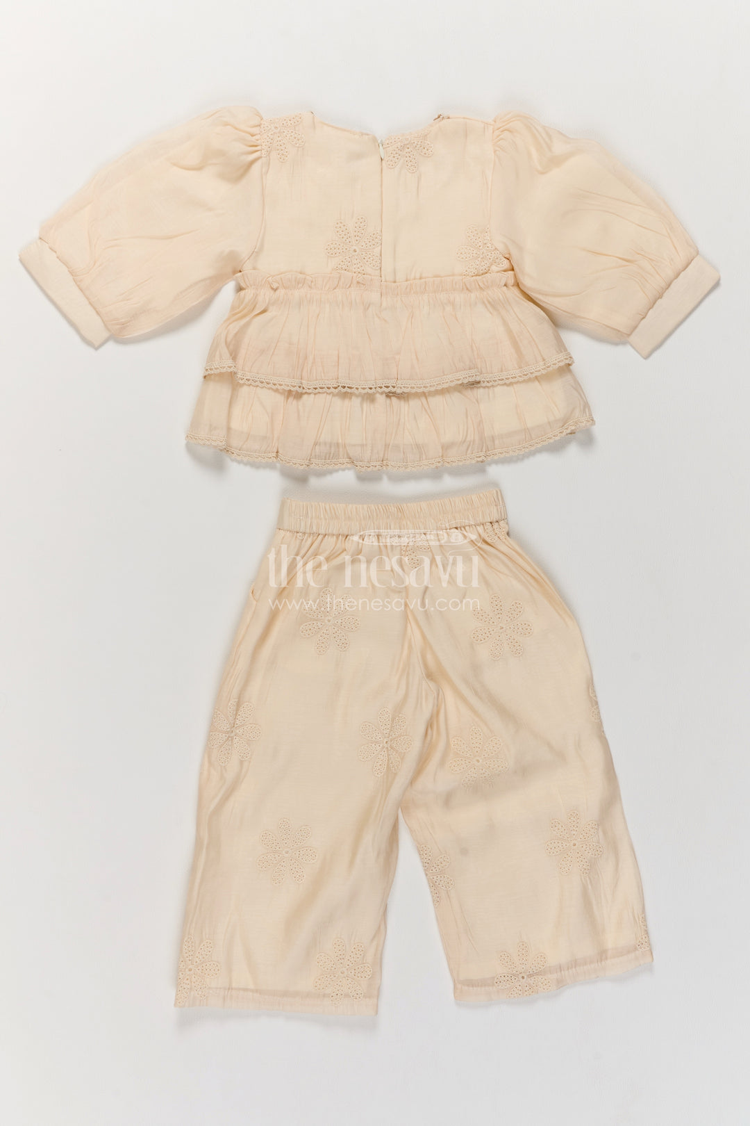 Girls Cream Chinnon Chiffon Floral Double Peplum Co Ord Set