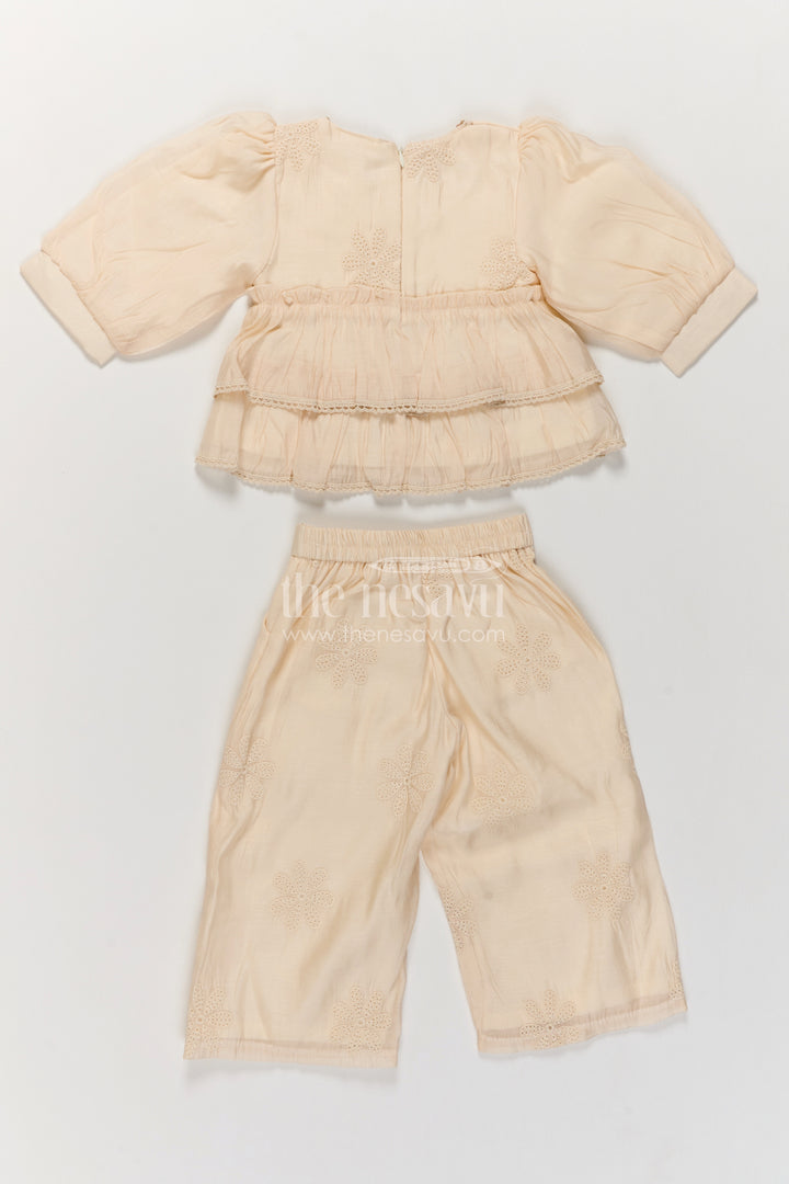 Girls Cream Chinnon Chiffon Floral Double Peplum Co Ord Set