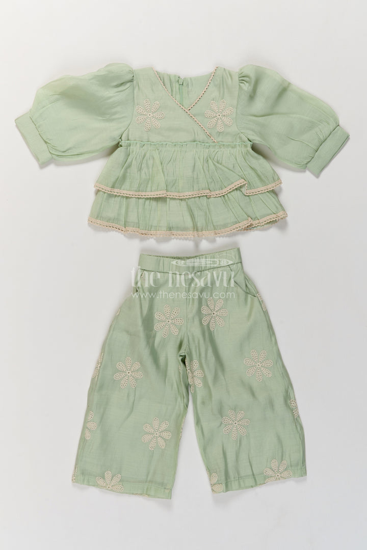 Girls Mint Green Daisy Peplum Tiers Chinnon Chiffon Co Ord Set