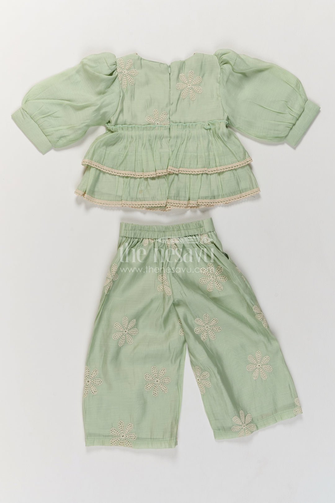 Girls Mint Green Daisy Peplum Tiers Chinnon Chiffon Co Ord Set