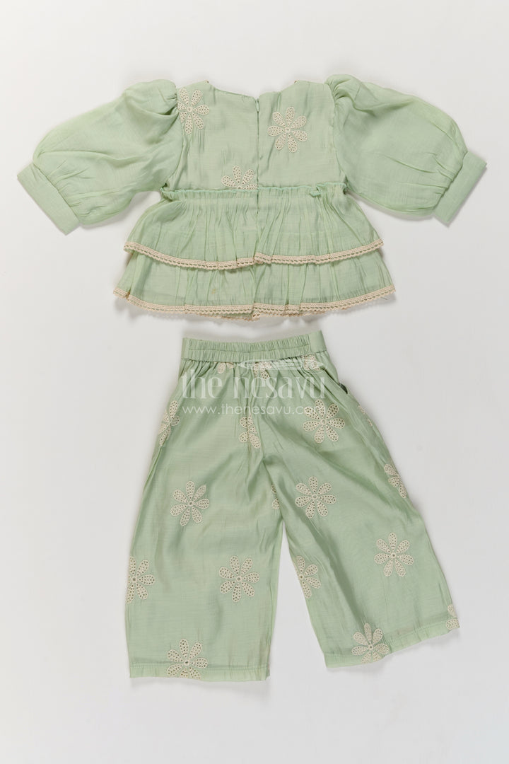 Girls Mint Green Daisy Peplum Tiers Chinnon Chiffon Co Ord Set