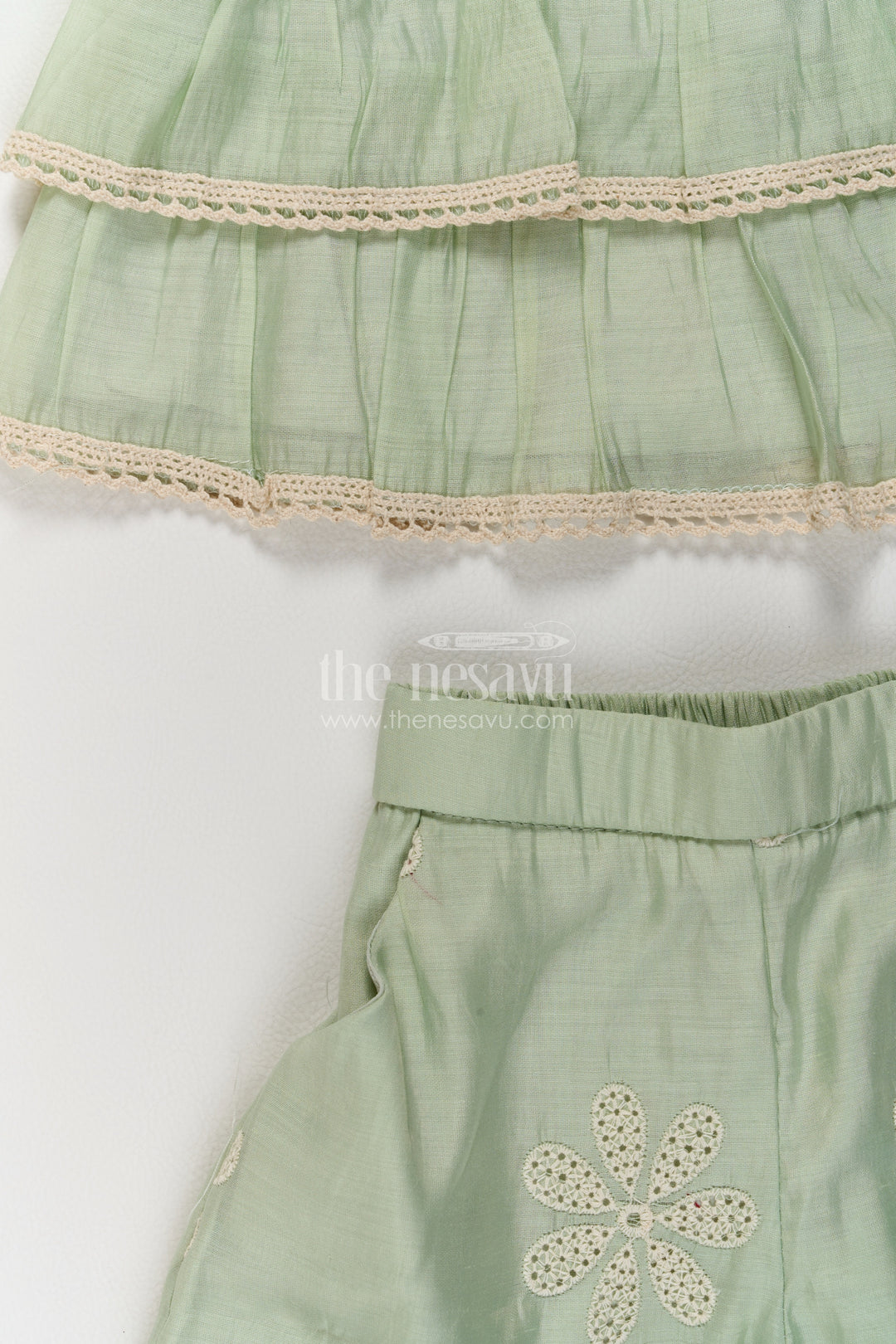 Girls Mint Green Daisy Peplum Tiers Chinnon Chiffon Co Ord Set