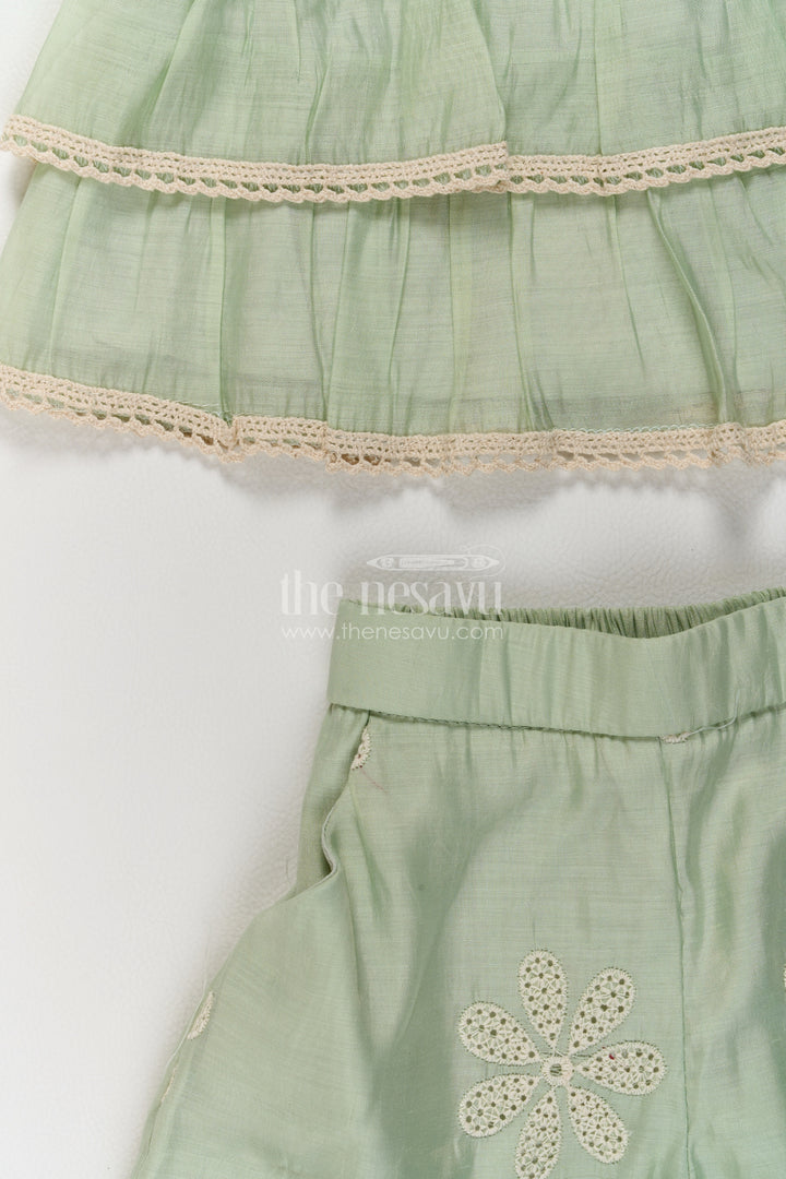 Girls Mint Green Daisy Peplum Tiers Chinnon Chiffon Co Ord Set