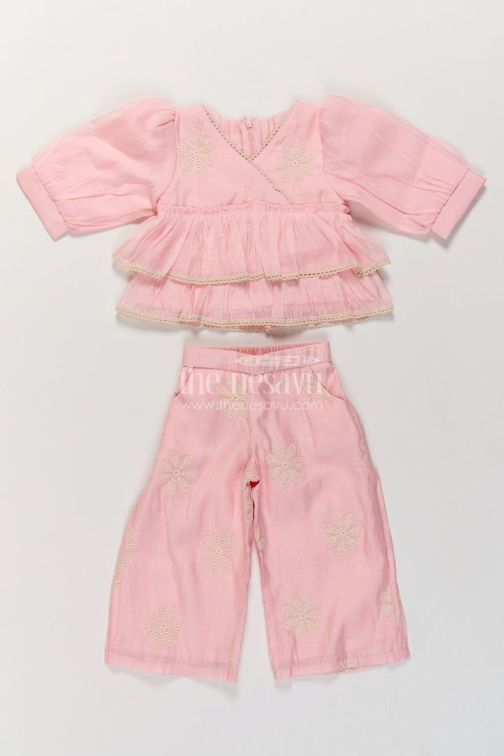 Girls Blush Pink Cotton Blend Flower Peplum Tiers Co Ord Set