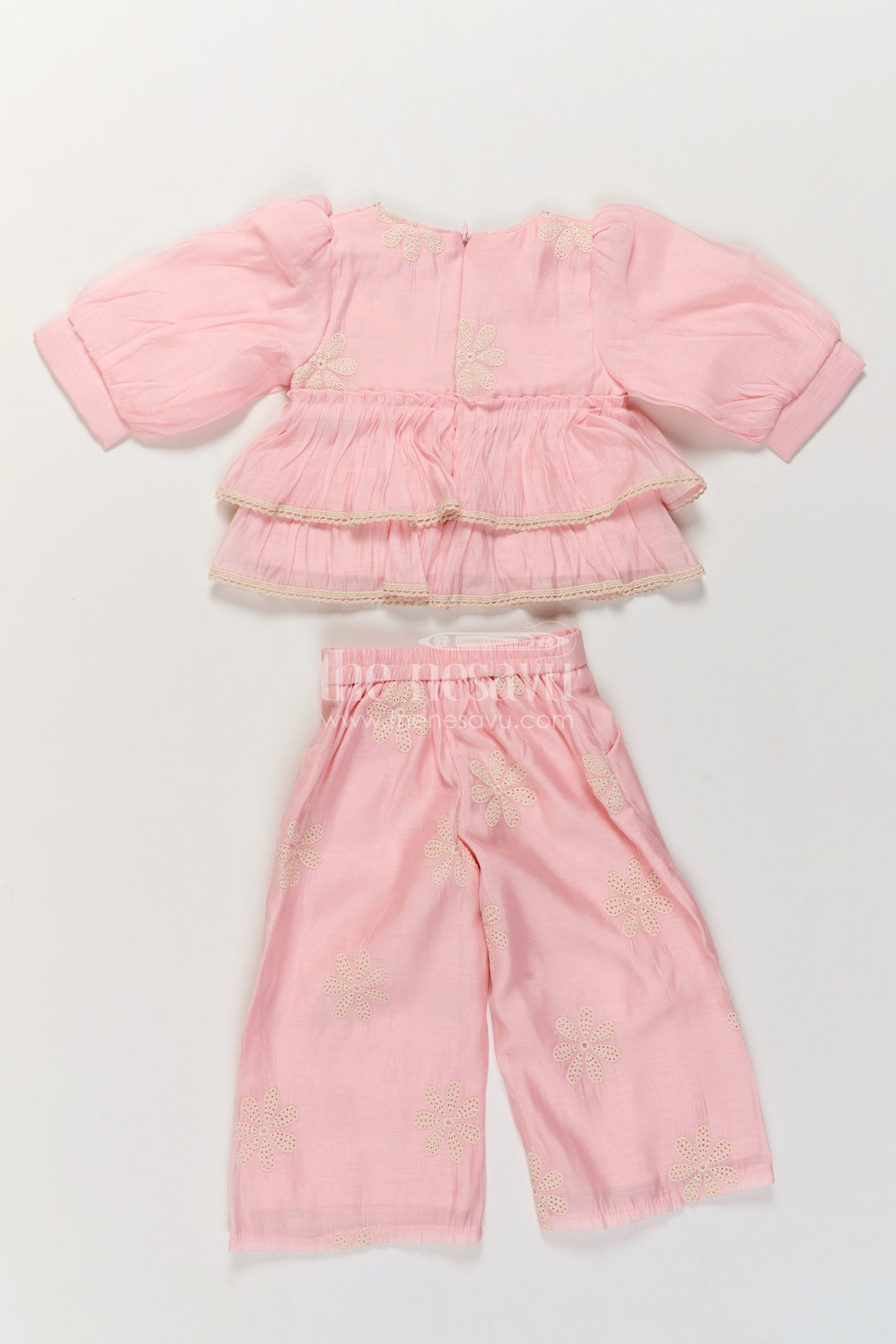 Girls Blush Pink Cotton Blend Flower Peplum Tiers Co Ord Set
