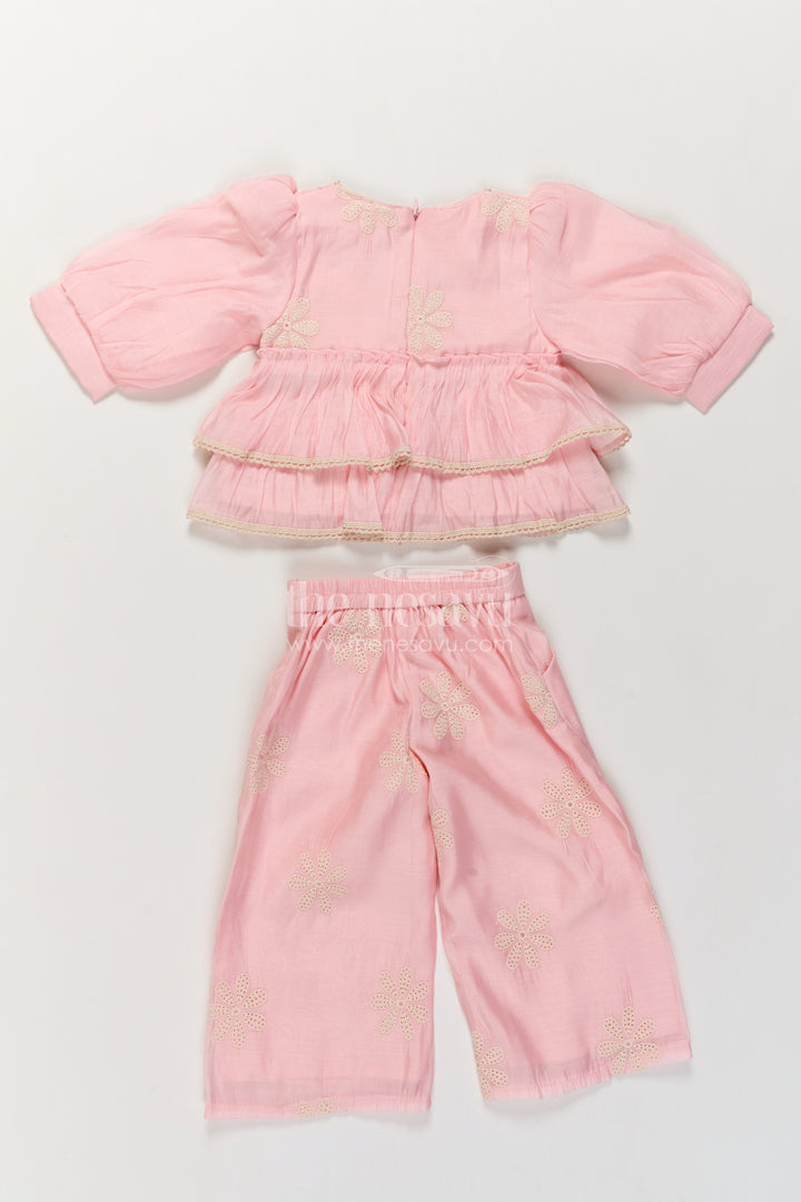 Girls Blush Pink Cotton Blend Flower Peplum Tiers Co Ord Set