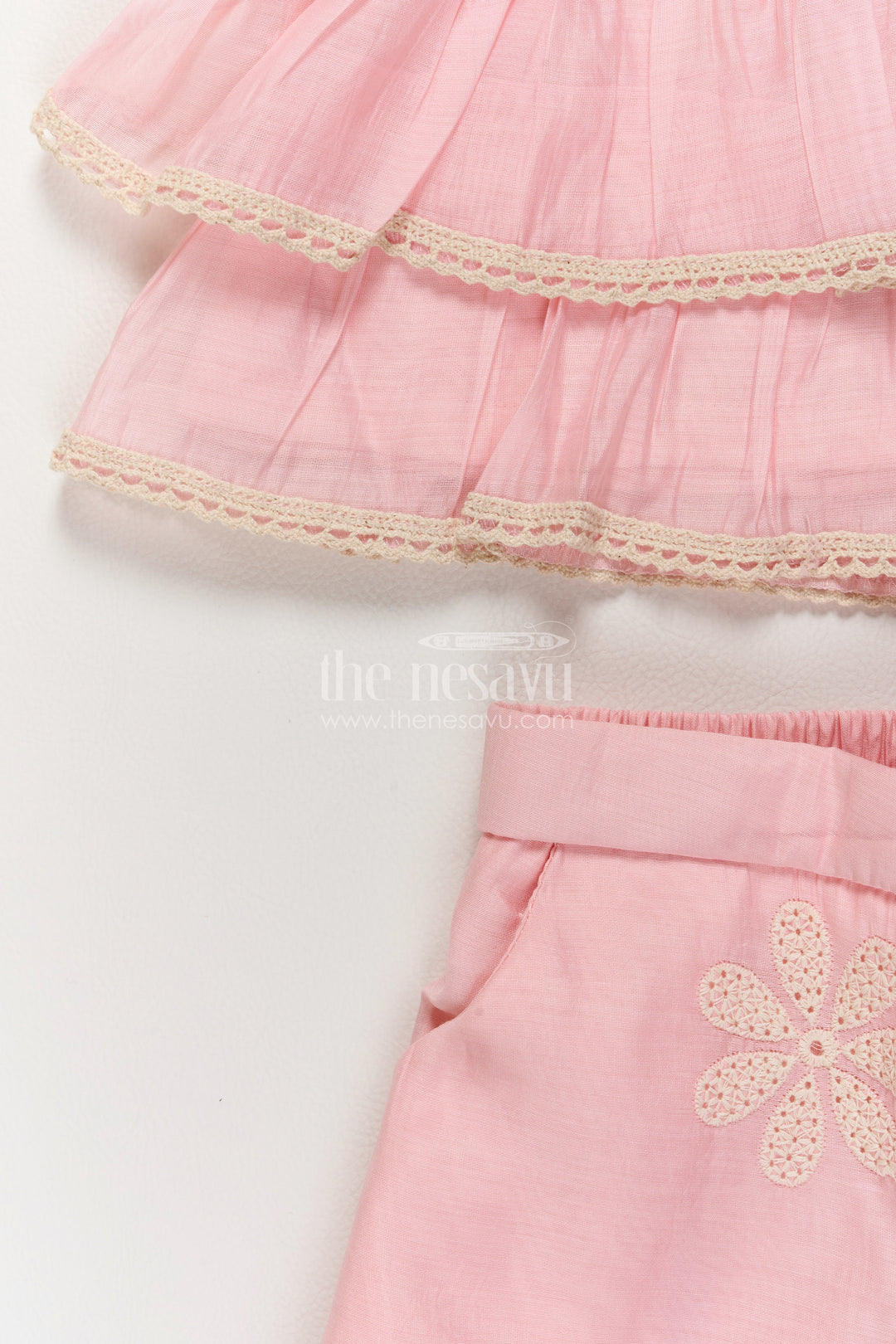 Girls Blush Pink Cotton Blend Flower Peplum Tiers Co Ord Set