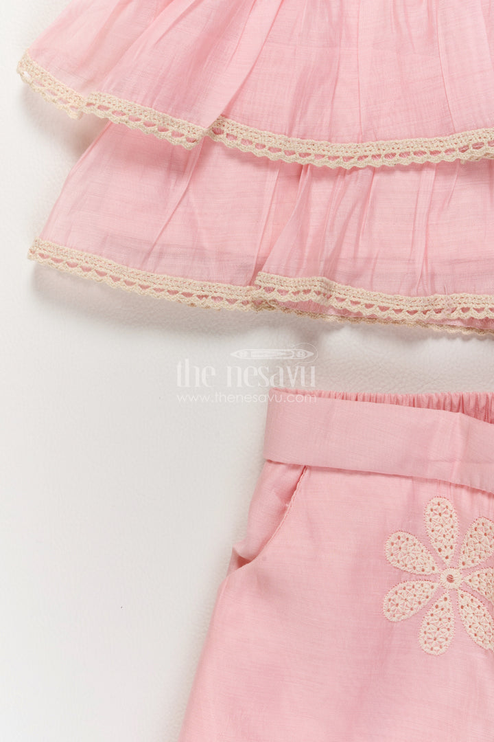 Girls Blush Pink Cotton Blend Flower Peplum Tiers Co Ord Set