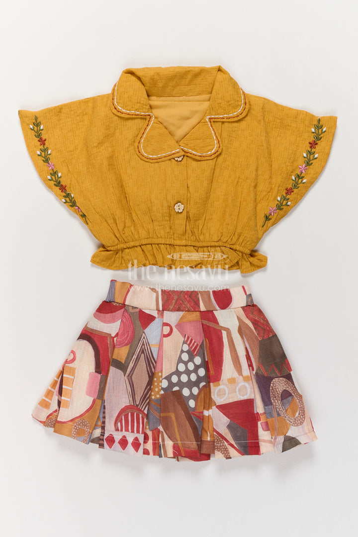 Girls Mustard Multicolour Embroidered Collar Abstract Print Top Shorts Set