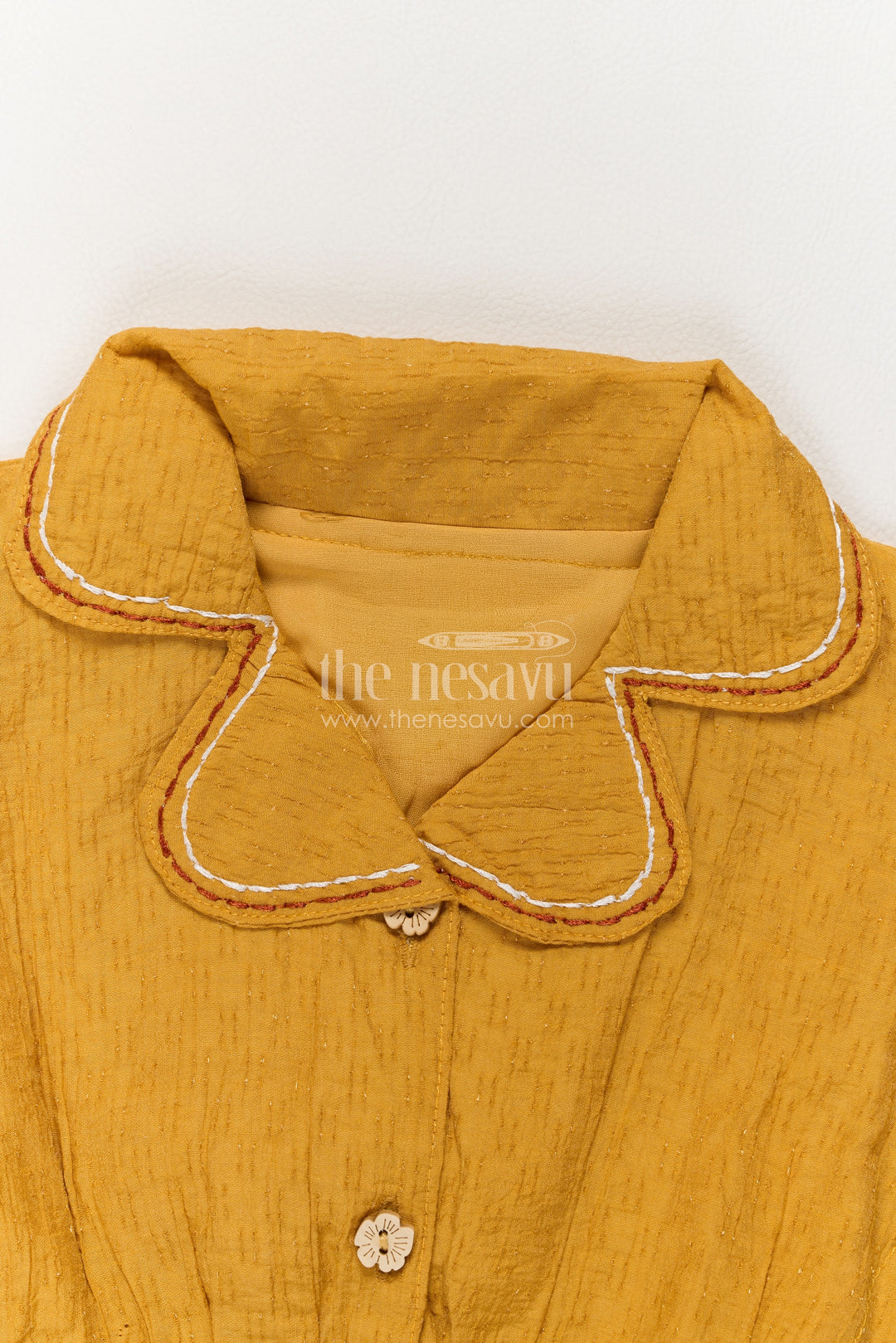 Girls Mustard Multicolour Embroidered Collar Abstract Print Top Shorts Set
