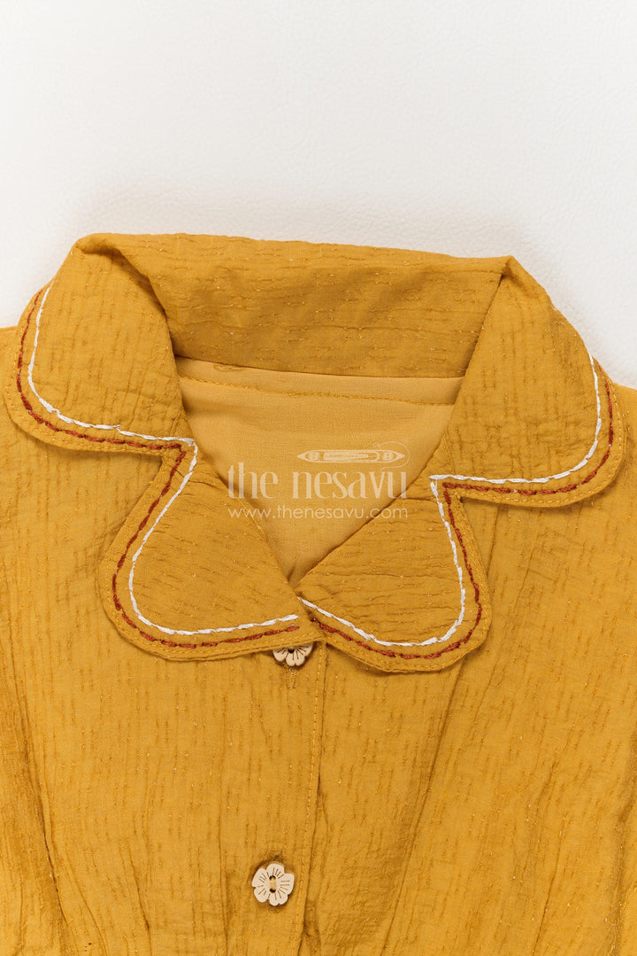Girls Mustard Multicolour Embroidered Collar Abstract Print Top Shorts Set