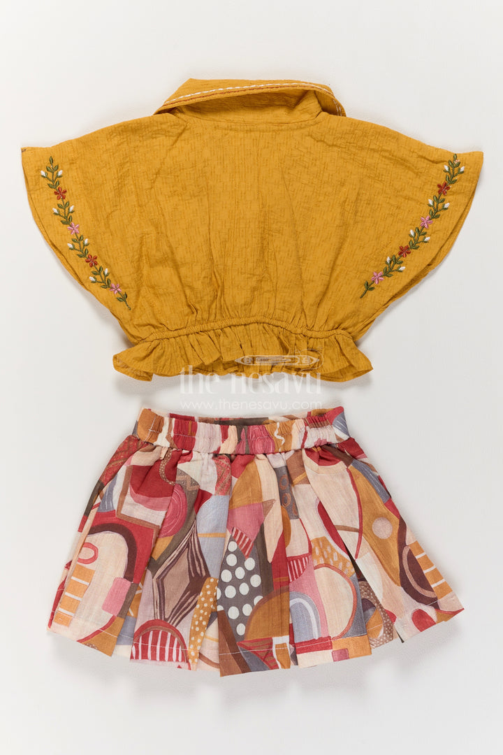 Girls Mustard Multicolour Embroidered Collar Abstract Print Top Shorts Set