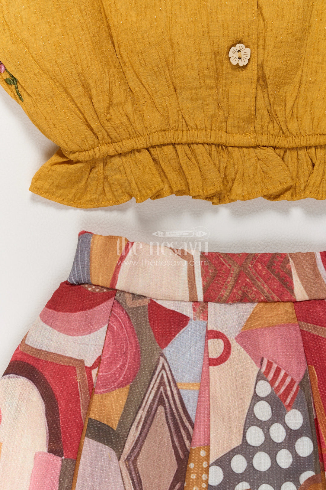 Girls Mustard Multicolour Embroidered Collar Abstract Print Top Shorts Set
