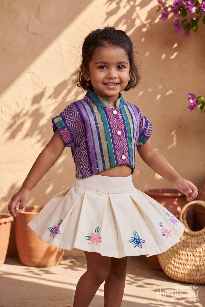 Girls Two Piece Outfit with Thread Embroidery for Weddings and Parties