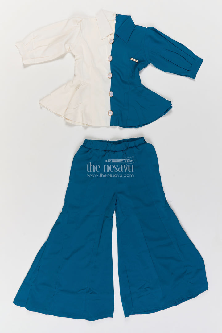 Girls Teal Blue Cotton Blend Two Tone Peplum Co Ord Set