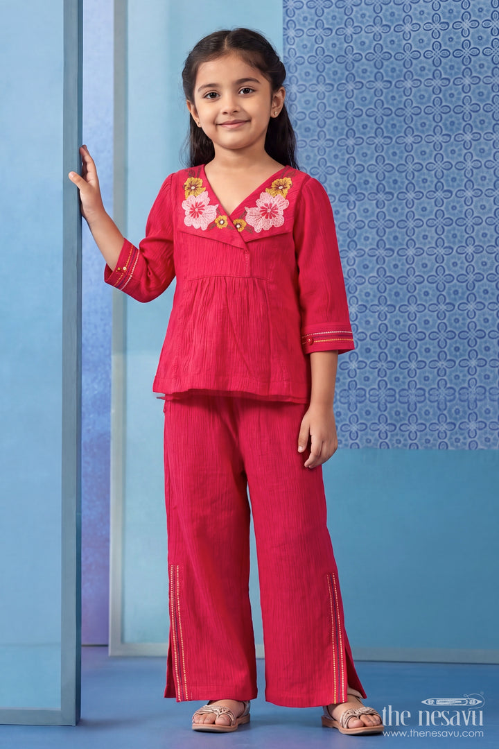 Girls Top and Pant Set with Thread Embroidery for Weddings and Parties