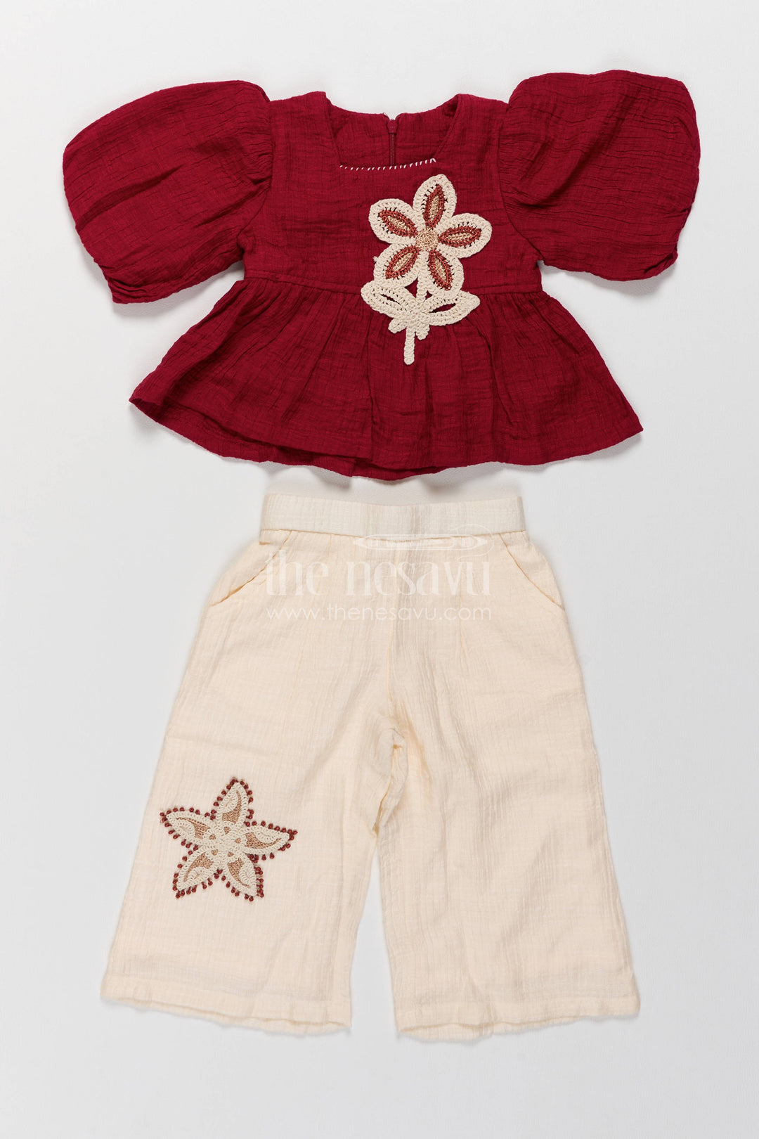 Girls Co Ord Set in Maroon with Thread Embroidery