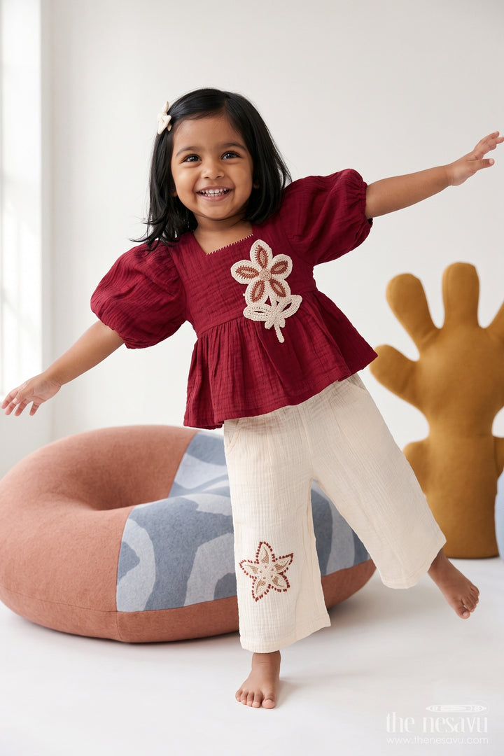 Girls Co Ord Set in Maroon with Thread Embroidery