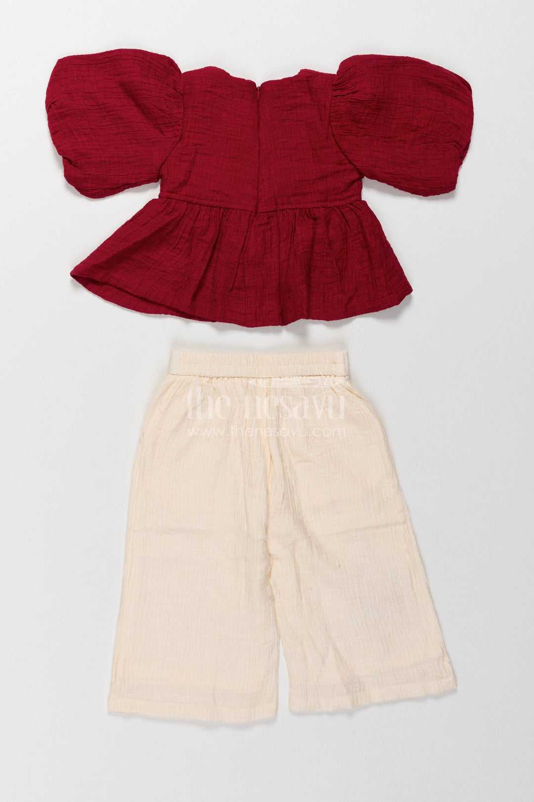 Girls Co Ord Set in Maroon with Thread Embroidery