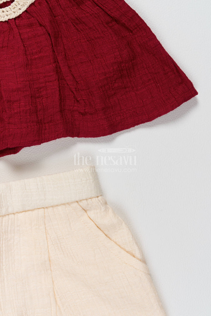 Girls Co Ord Set in Maroon with Thread Embroidery