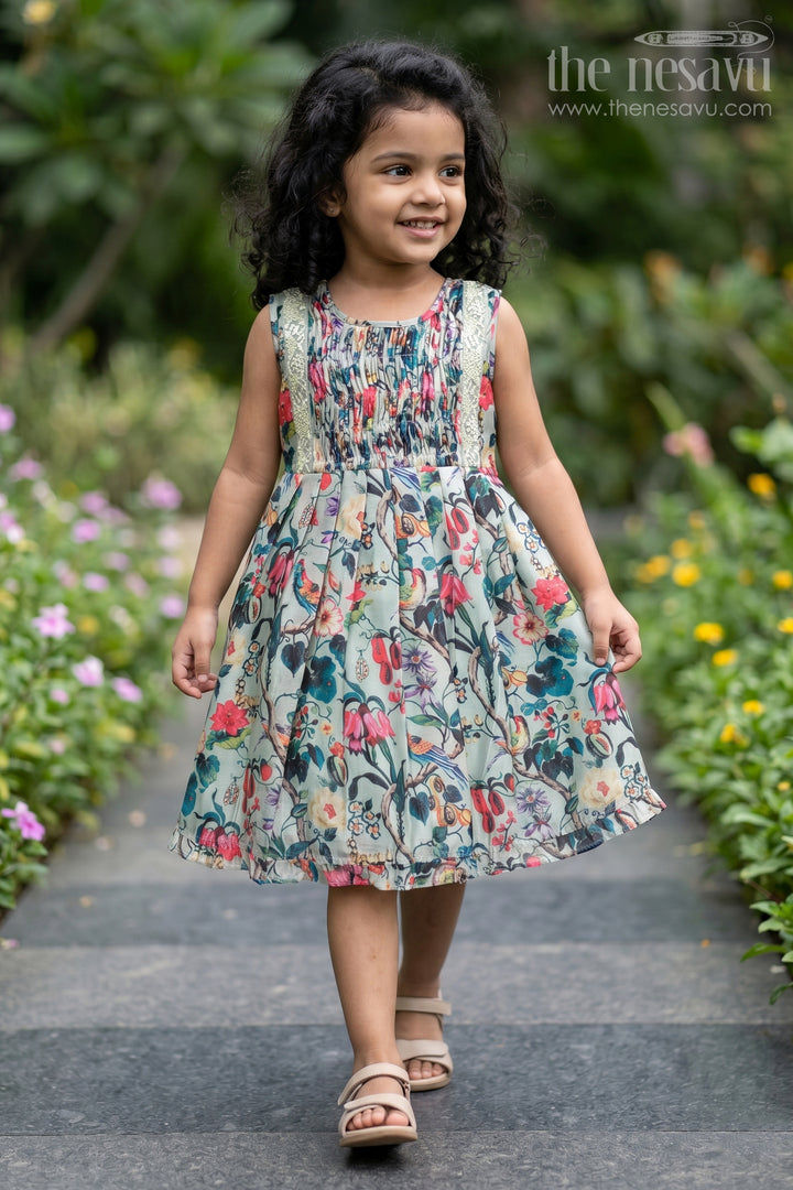Tropical Paradise Cotton Frock: Exotic Birds and Floral Print with Embellishments for Girls