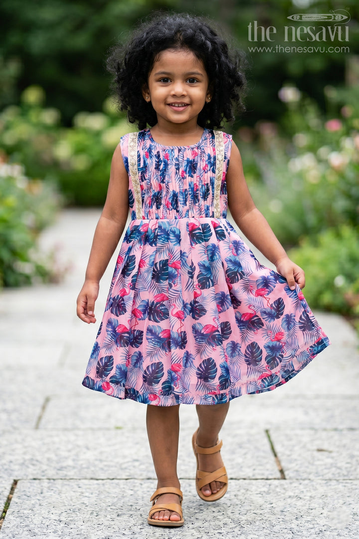 Pink Botanical Bliss Cotton Frock: Tropical Leaf Print with Sparkling Accents for Girls