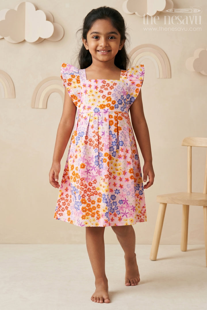 Girls Summer Blossom Pink Cotton Frock with Pastel Floral Print