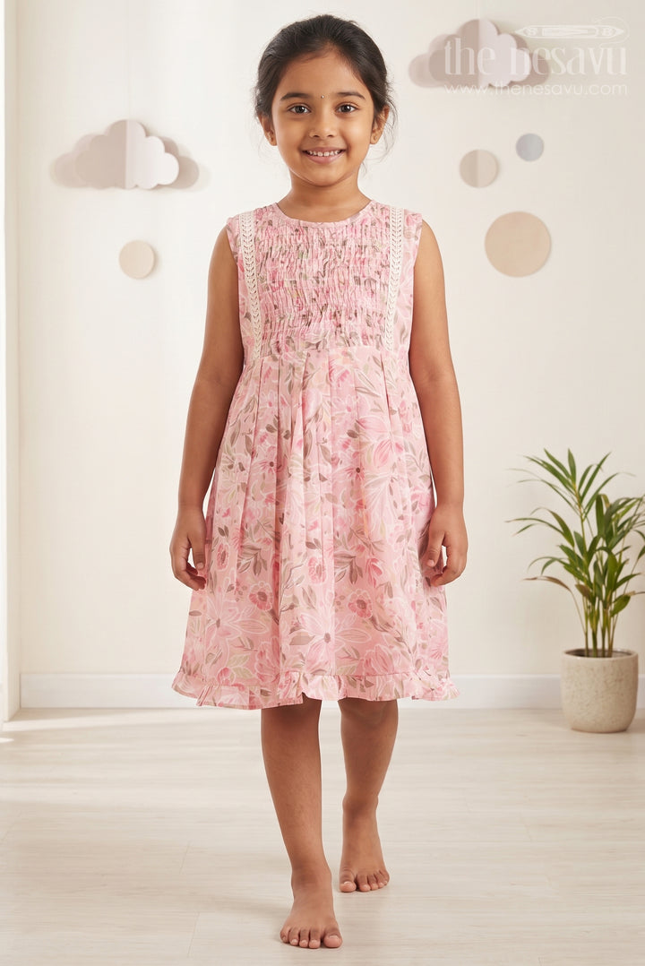 Vintage Floral Chanderi Frock for Girls: Romantic Pink with Lace Detailing