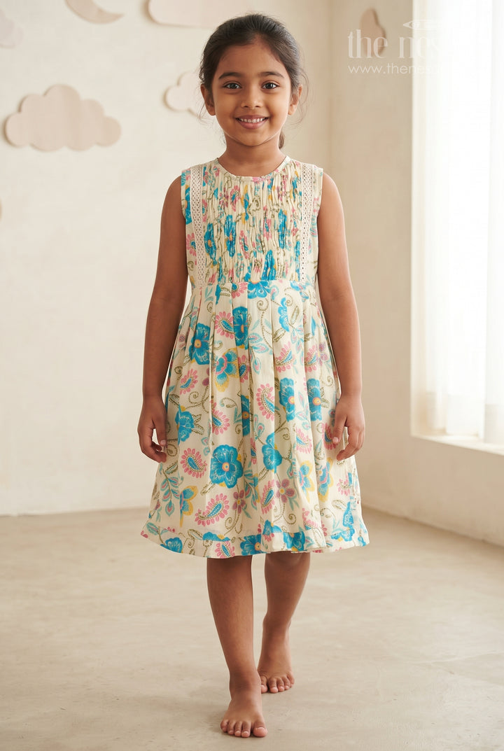 Tropical Teal Cotton Frock with Lace Accent for Girls