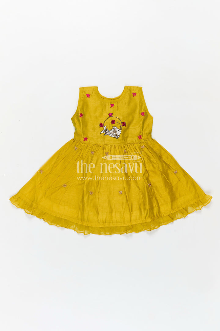 Girls Chanderi Cotton Dress Short Dress with Playful Fish Embroidery and Ruffle Hem in Mustard Yellow