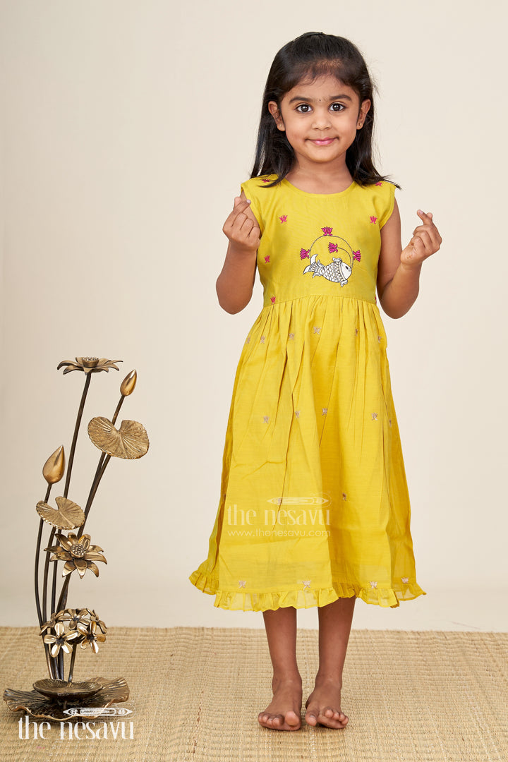 Girls Chanderi Cotton Dress Short Dress with Playful Fish Embroidery and Ruffle Hem in Mustard Yellow