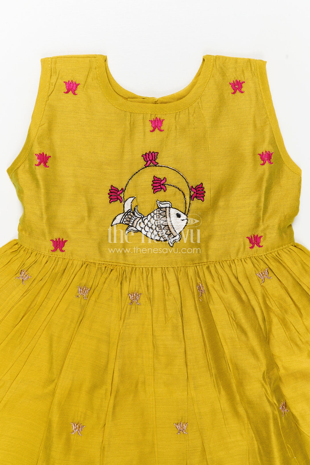 Girls Chanderi Cotton Dress Short Dress with Playful Fish Embroidery and Ruffle Hem in Mustard Yellow