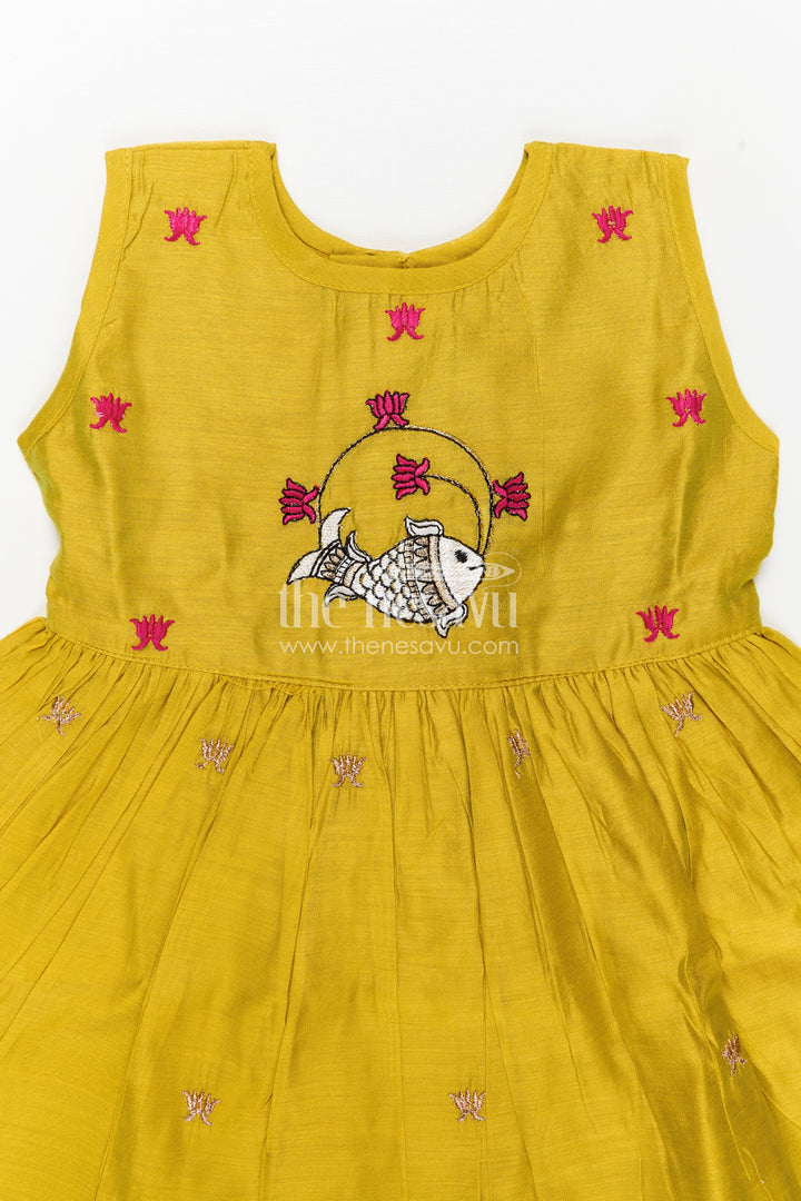 Girls Chanderi Cotton Dress Short Dress with Playful Fish Embroidery and Ruffle Hem in Mustard Yellow
