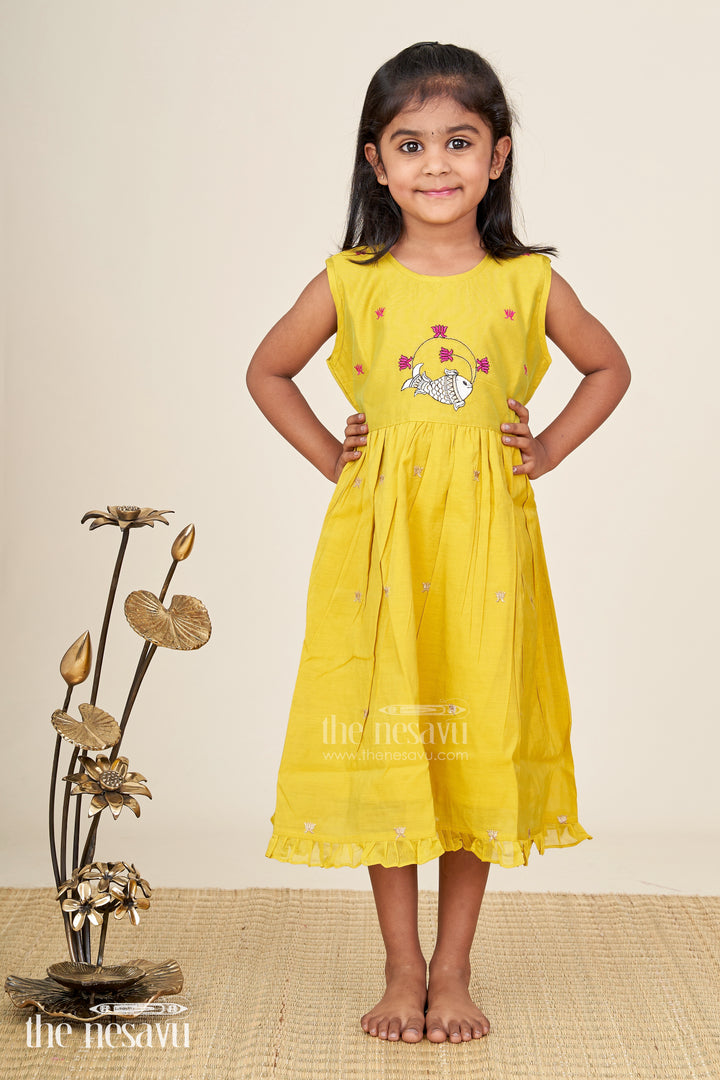 Girls Chanderi Cotton Dress Short Dress with Playful Fish Embroidery and Ruffle Hem in Mustard Yellow