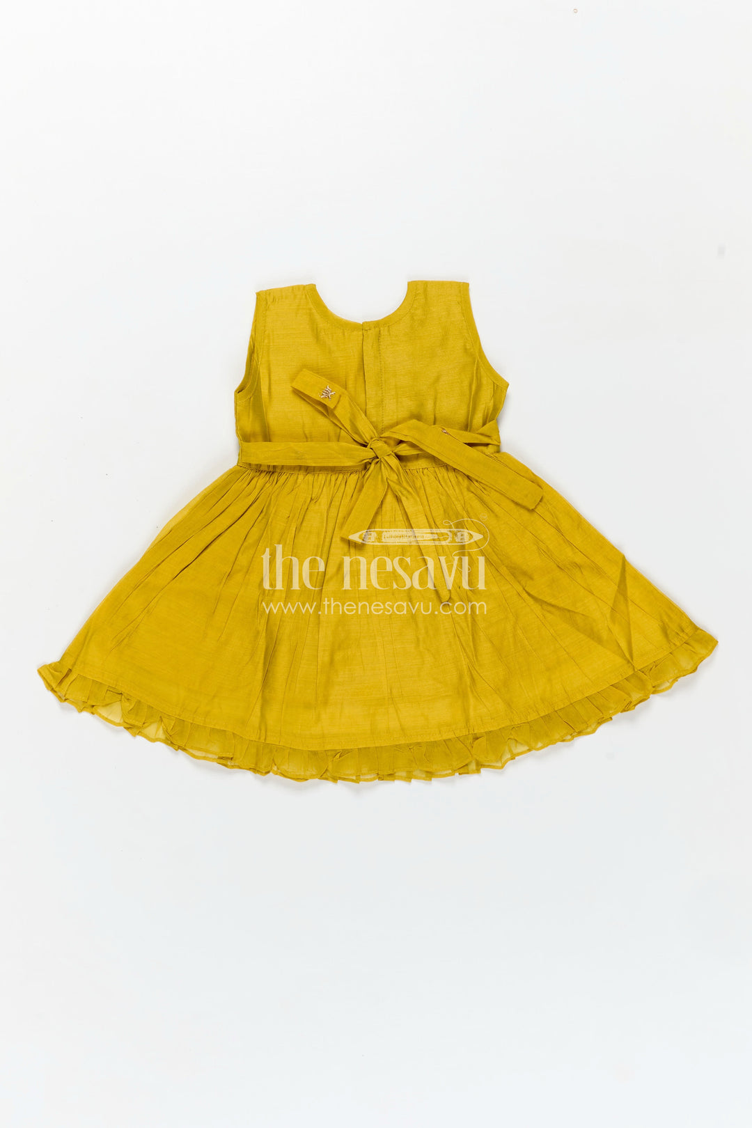 Girls Chanderi Cotton Dress Short Dress with Playful Fish Embroidery and Ruffle Hem in Mustard Yellow