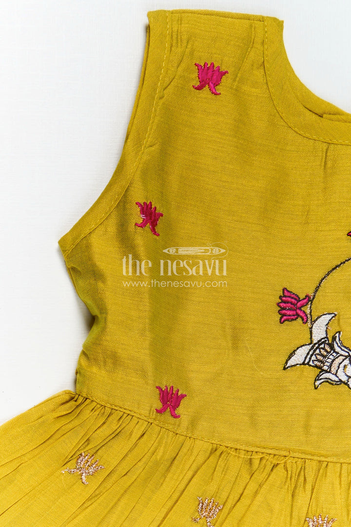 Girls Chanderi Cotton Dress Short Dress with Playful Fish Embroidery and Ruffle Hem in Mustard Yellow