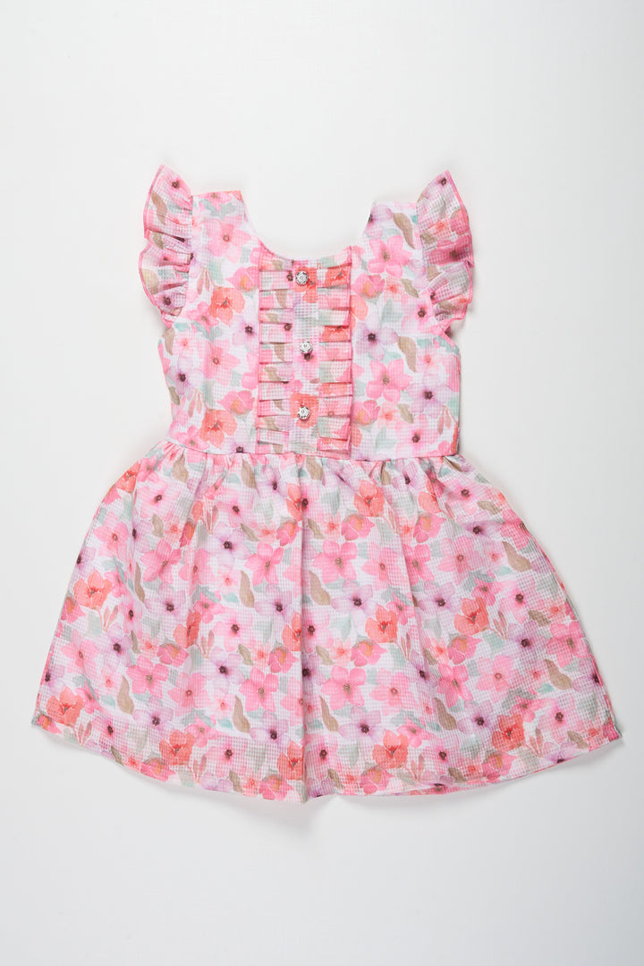 Girls Pink Floral Cotton Frock with Pleated Skirt and Ruffle Sleeves for Adorable cute frock design