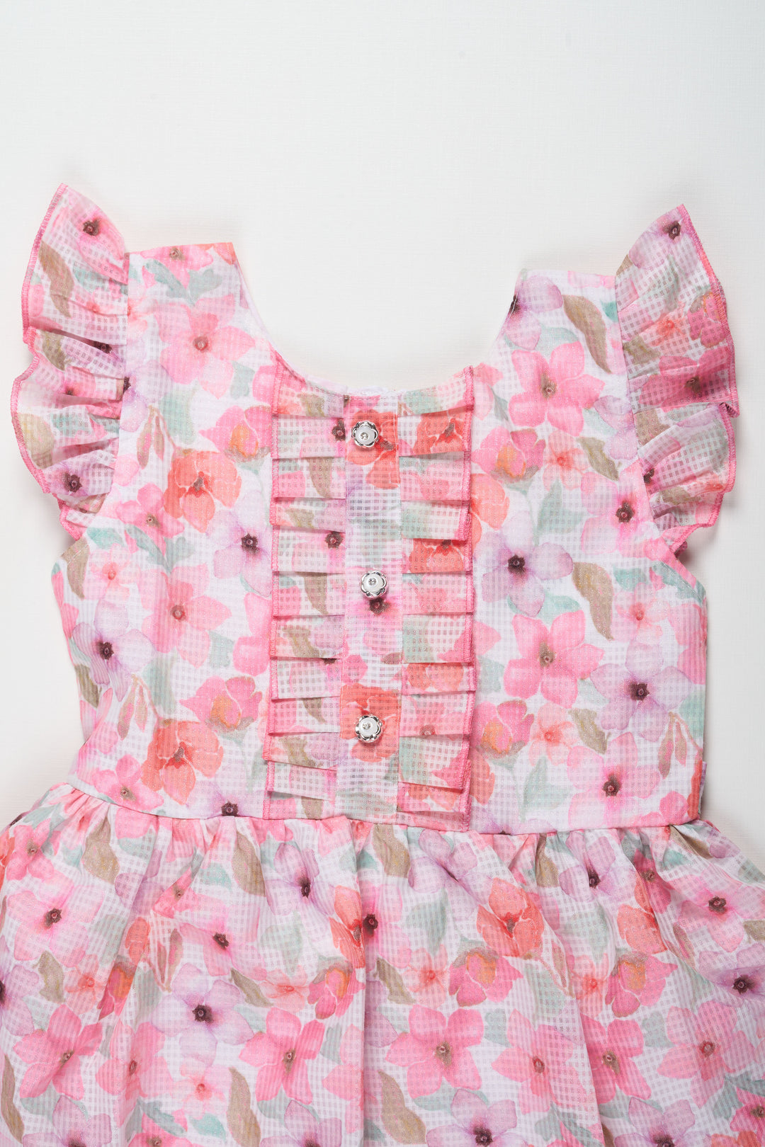 Girls Pink Floral Cotton Frock with Pleated Skirt and Ruffle Sleeves for Adorable cute frock design