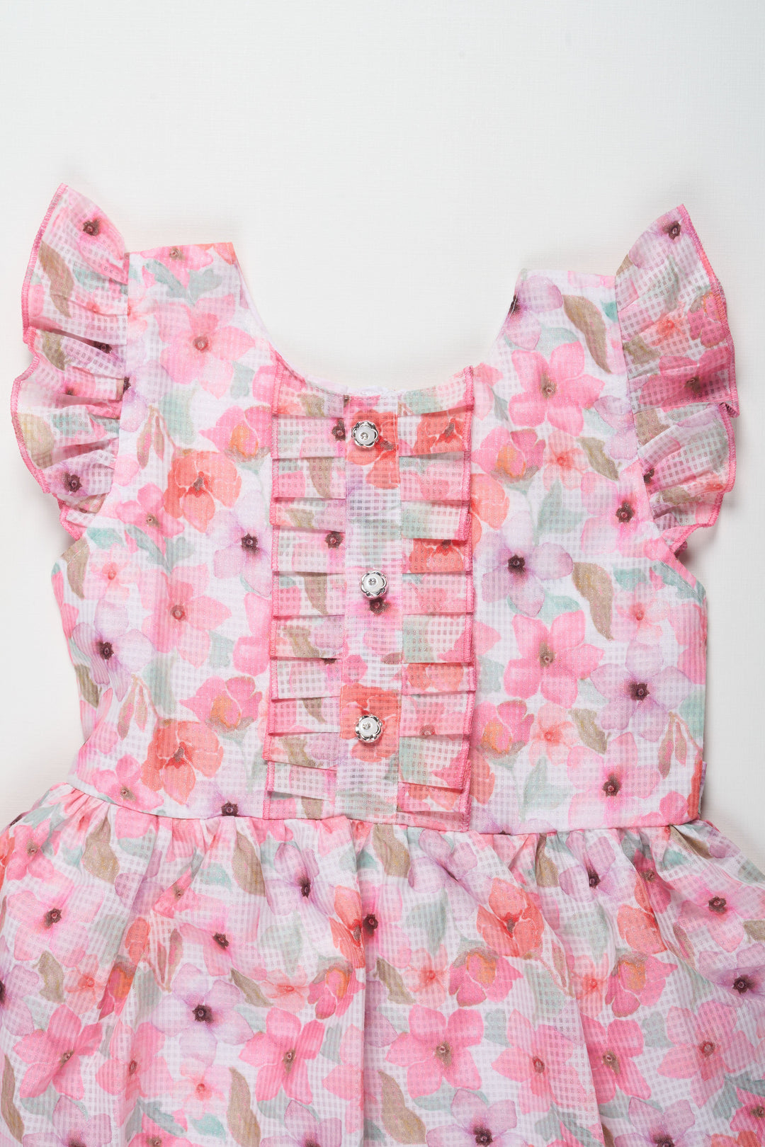 Girls Pink Floral Cotton Frock with Pleated Skirt and Ruffle Sleeves for Adorable cute frock design