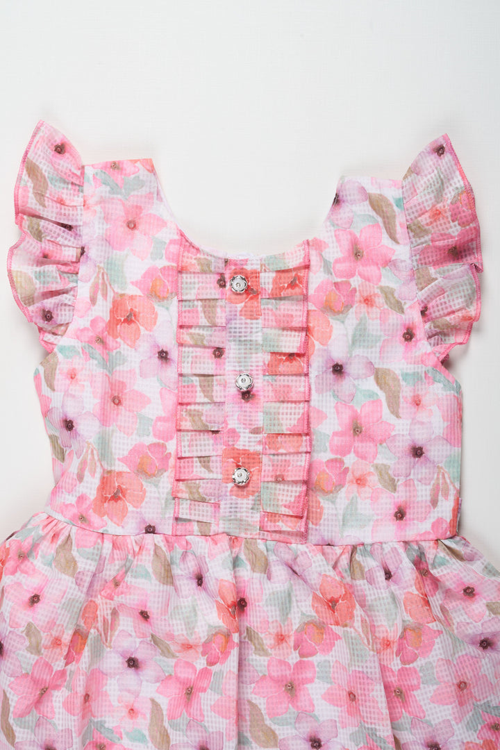 Girls Pink Floral Cotton Frock with Pleated Skirt and Ruffle Sleeves for Adorable cute frock design