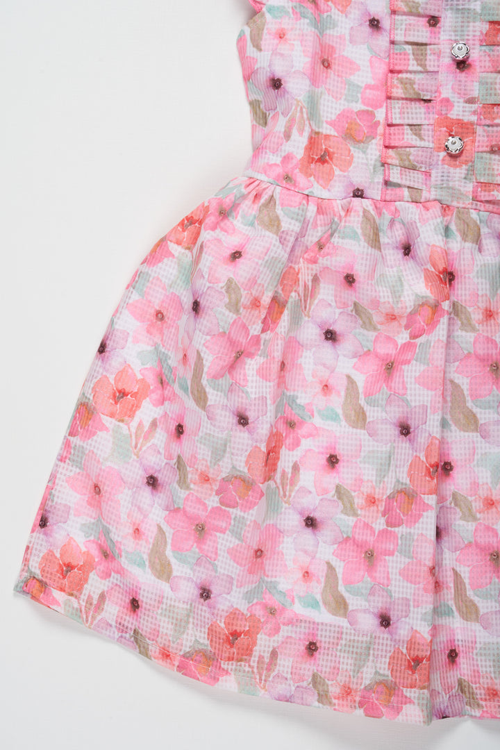 Girls Pink Floral Cotton Frock with Pleated Skirt and Ruffle Sleeves for Adorable cute frock design