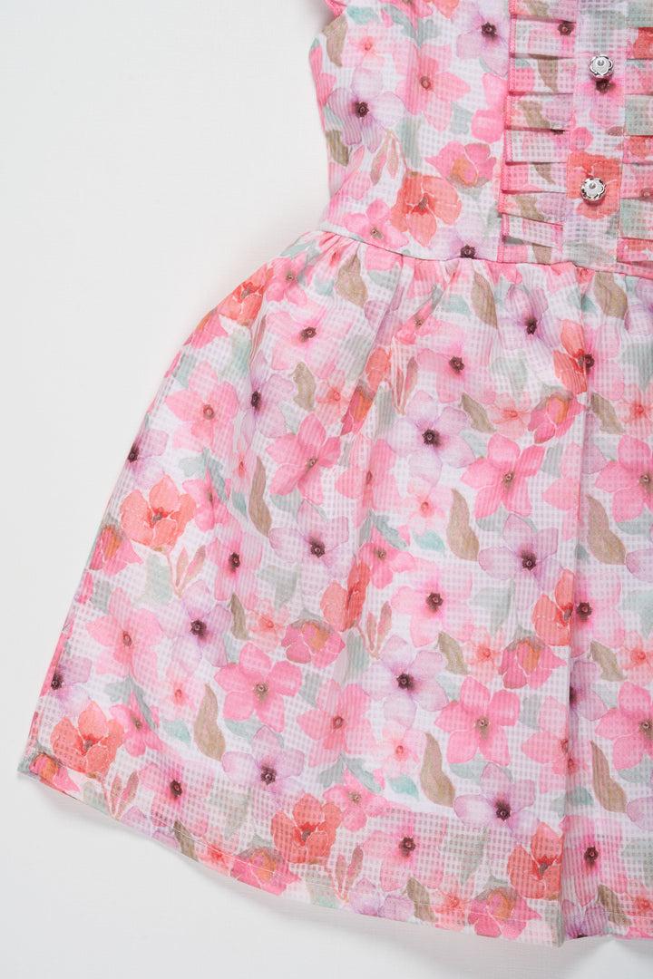 Girls Pink Floral Cotton Frock with Pleated Skirt and Ruffle Sleeves for Adorable cute frock design