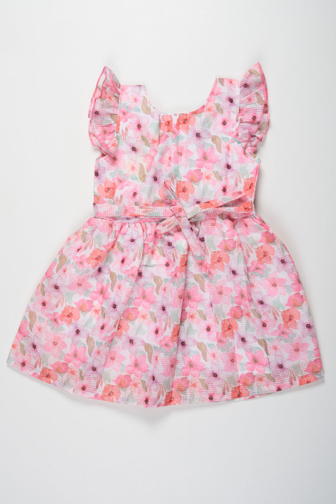 Girls Pink Floral Cotton Frock with Pleated Skirt and Ruffle Sleeves for Adorable cute frock design