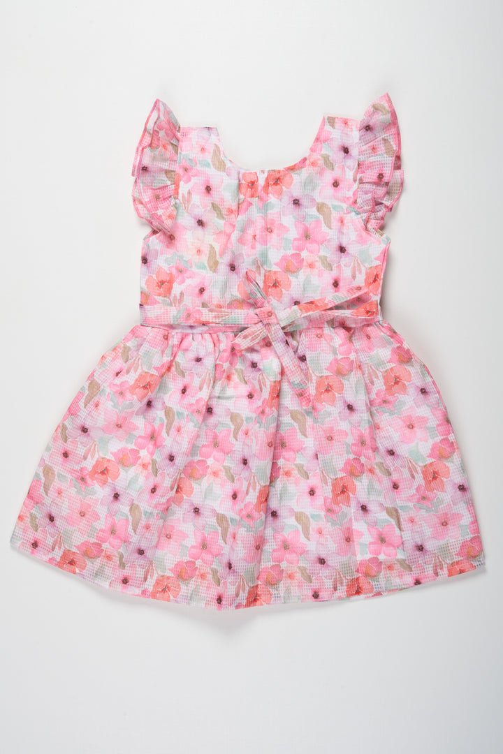 Girls Pink Floral Cotton Frock with Pleated Skirt and Ruffle Sleeves for Adorable cute frock design