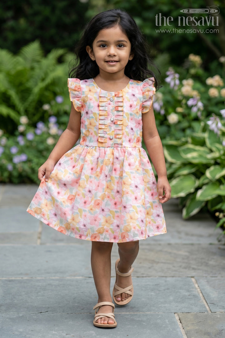 Girls Yellow Floral Cotton Frock with Ruffled Sleeves and Pleats Featuring Design Of Frock Dress