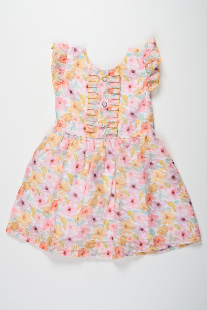 Girls Yellow Floral Cotton Frock with Ruffled Sleeves and Pleats Featuring design of frock dress