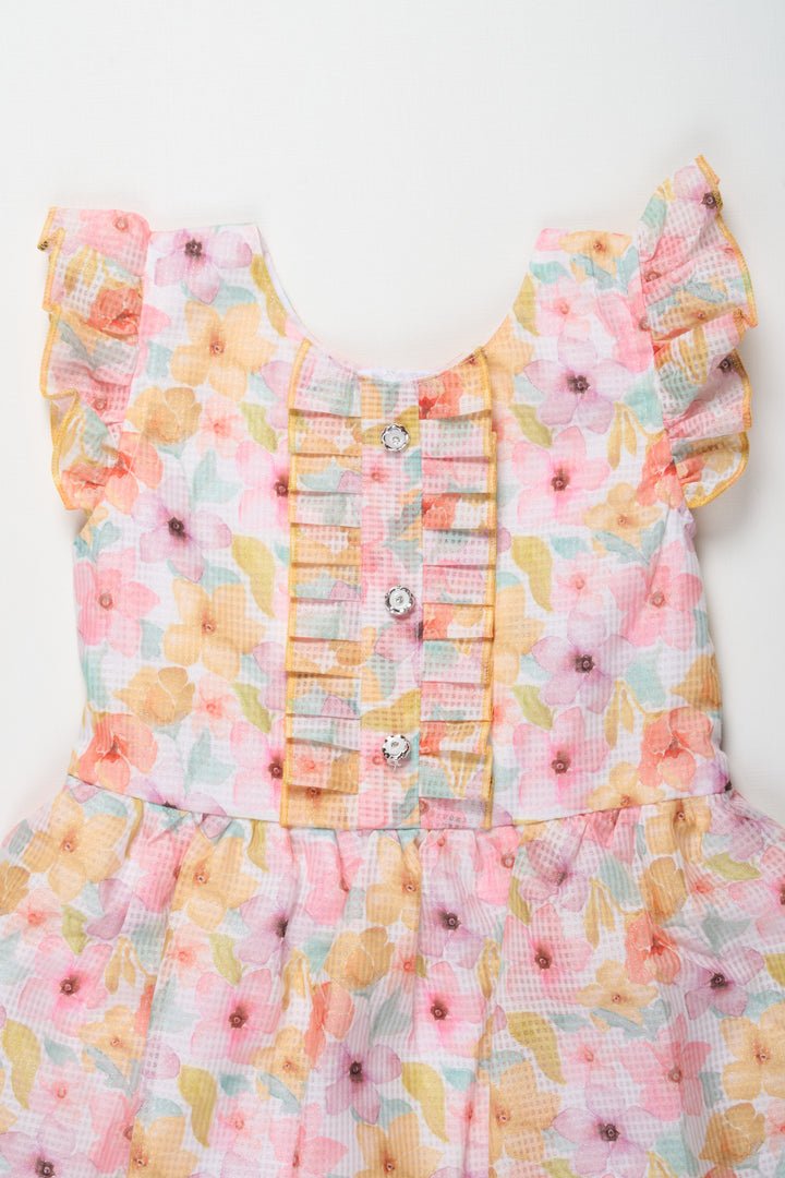 Girls Yellow Floral Cotton Frock with Ruffled Sleeves and Pleats Featuring design of frock dress