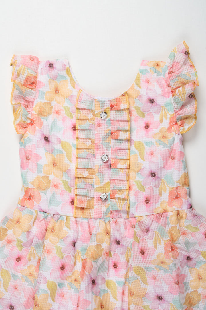 Girls Yellow Floral Cotton Frock with Ruffled Sleeves and Pleats Featuring design of frock dress