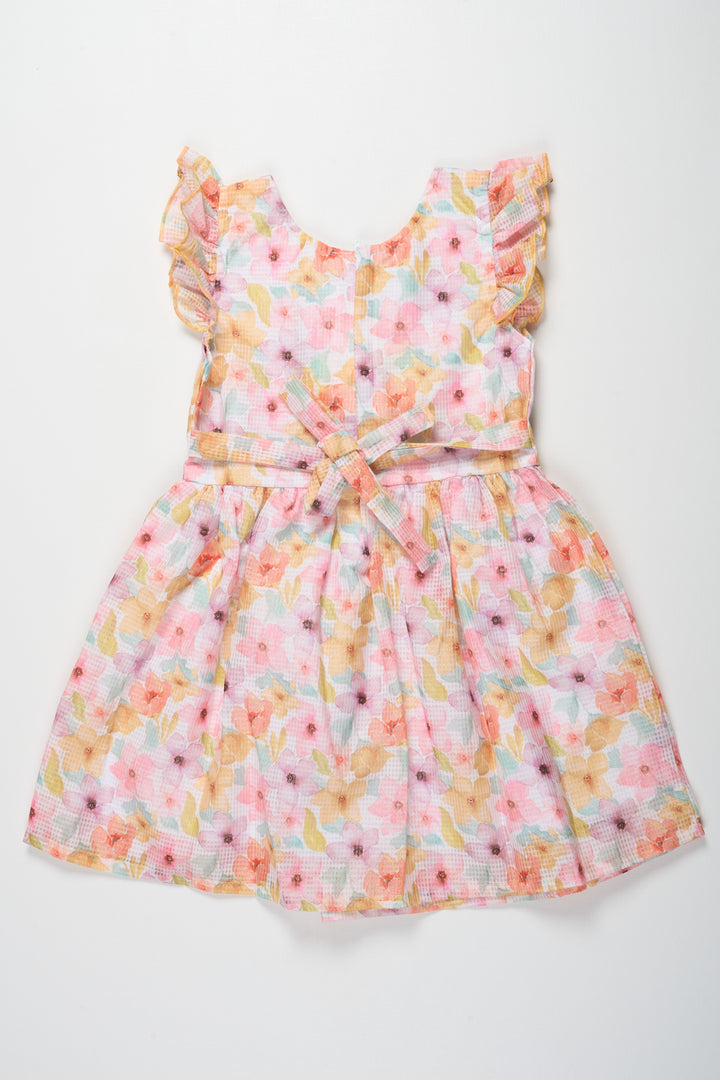 Girls Yellow Floral Cotton Frock with Ruffled Sleeves and Pleats Featuring design of frock dress